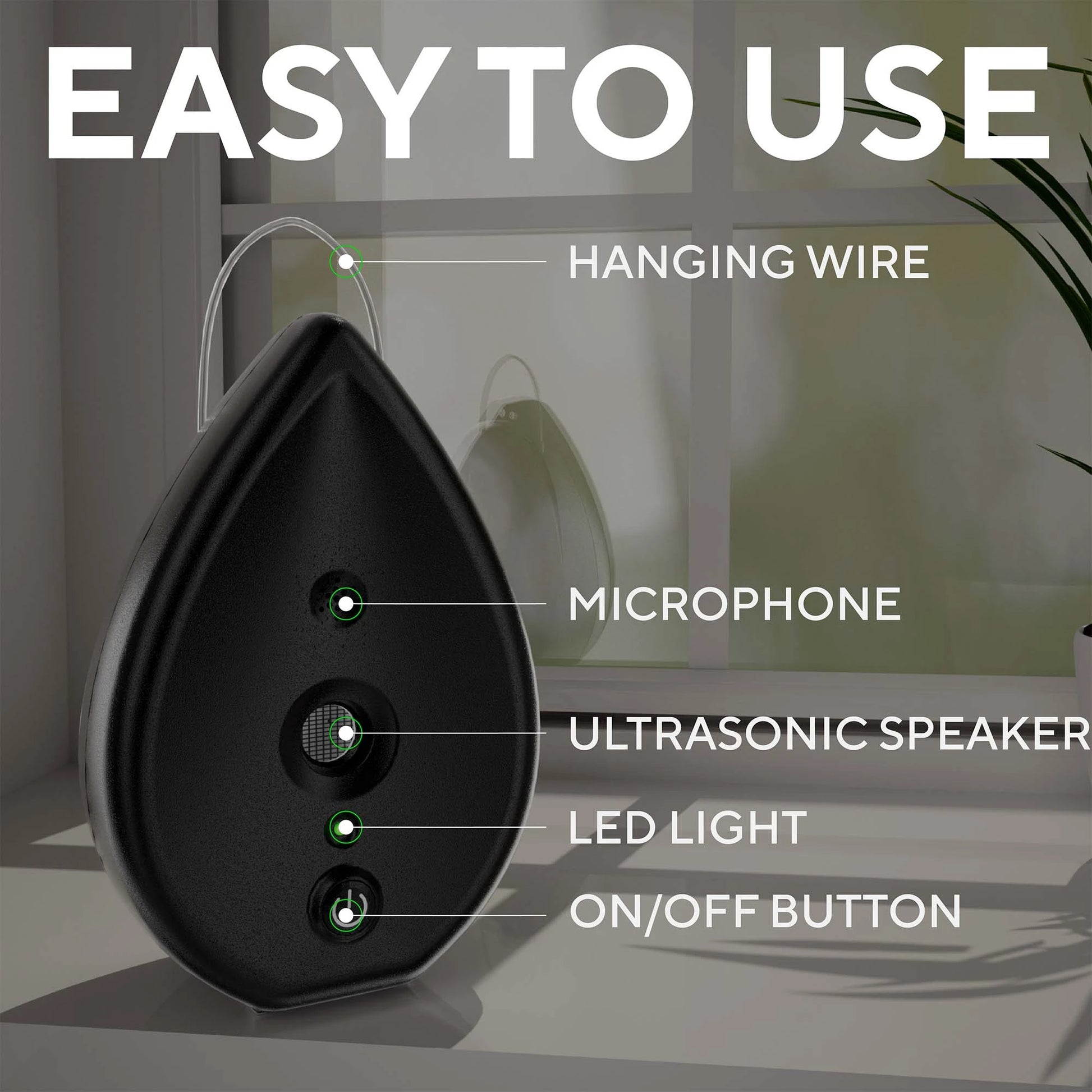 Ultrasonic anti-barking device showing hanging wire, microphone, speaker, LED light, and power button.