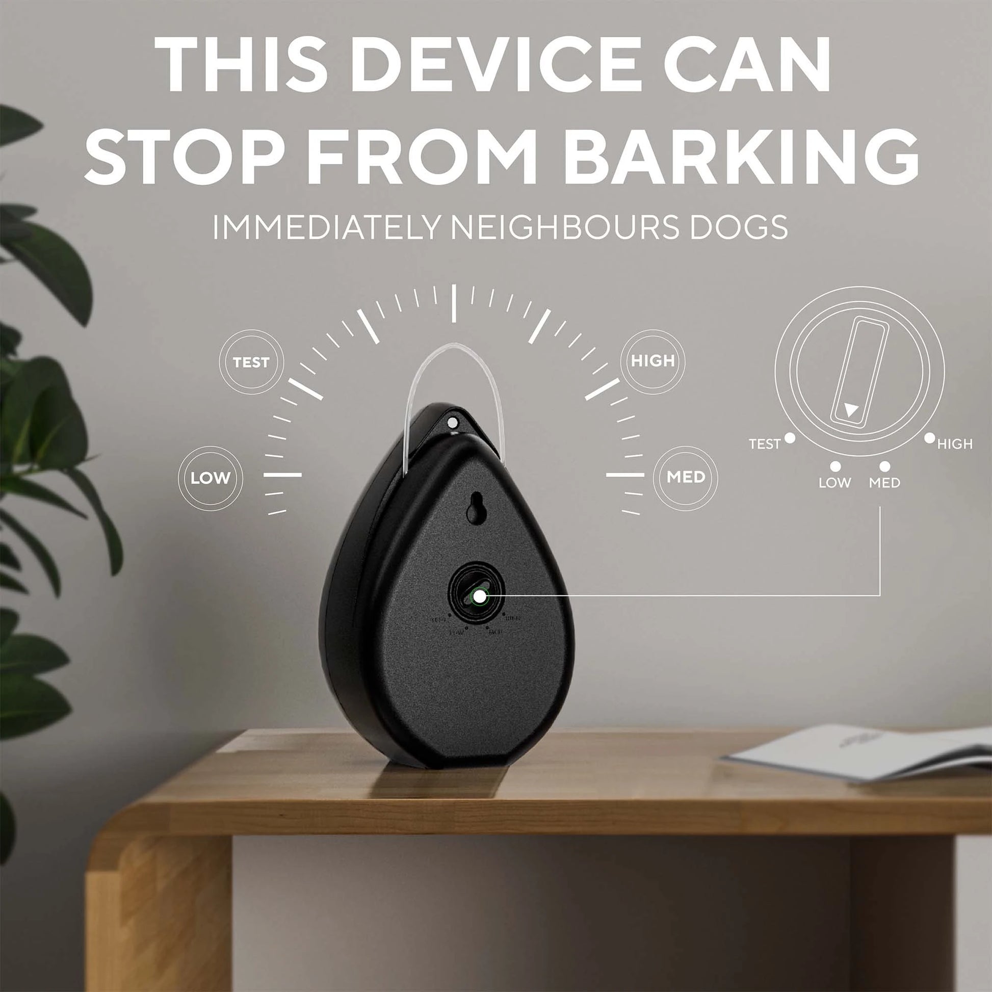 Anti-barking device with adjustable sensitivity settings for detecting dog barking.