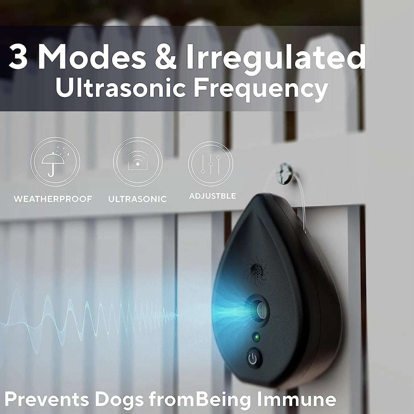 Ultrasonic anti-barking device mounted outdoors with adjustable modes and weather-resistant design.